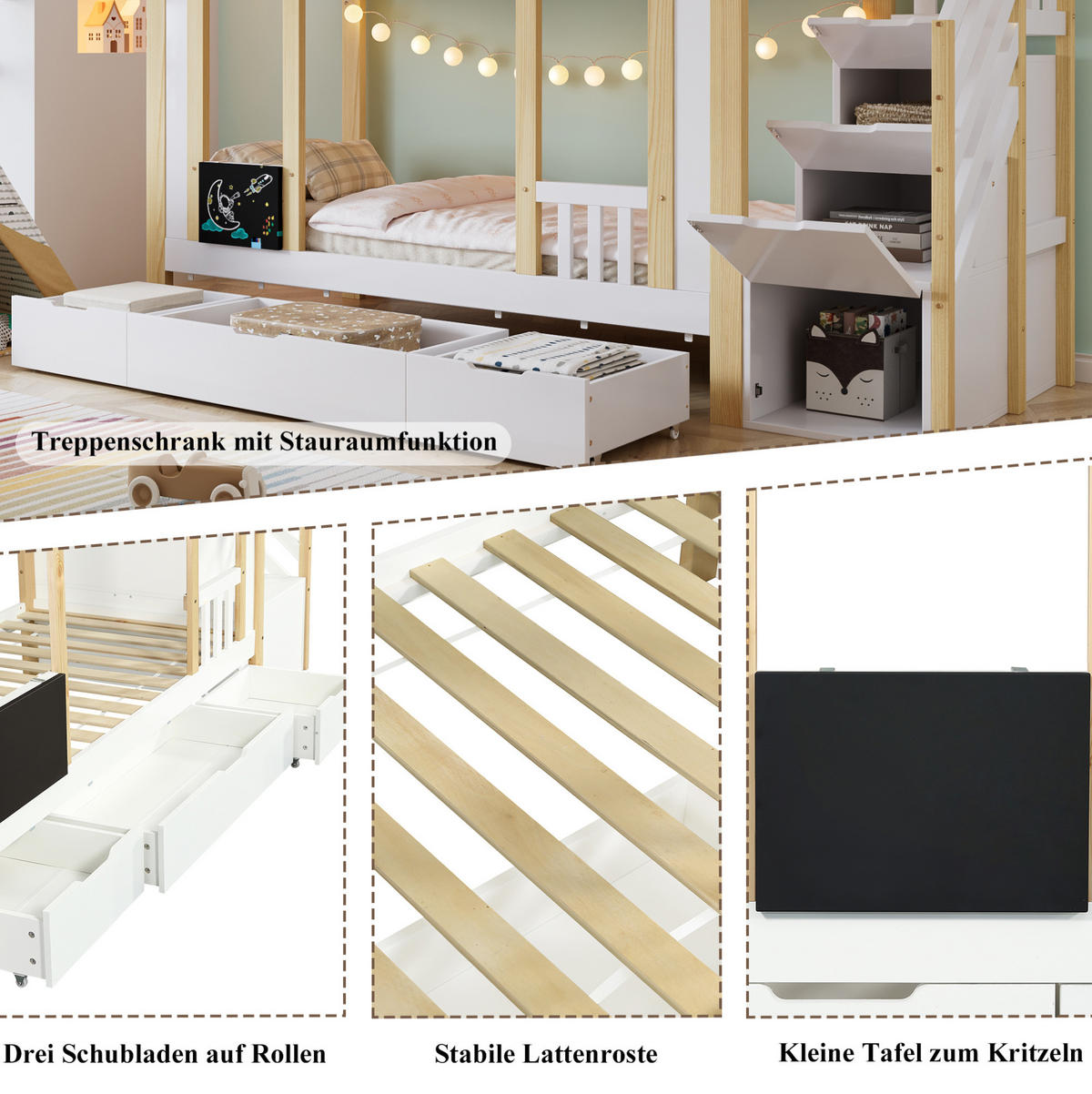 ETAGENBETT 90/200 cm aus Kiefer und MDF mit Treppenschrank und 3 Schubladen Weiß/Natur - Weiß, Holzwerkstoff (90/200cm) - Modenvie