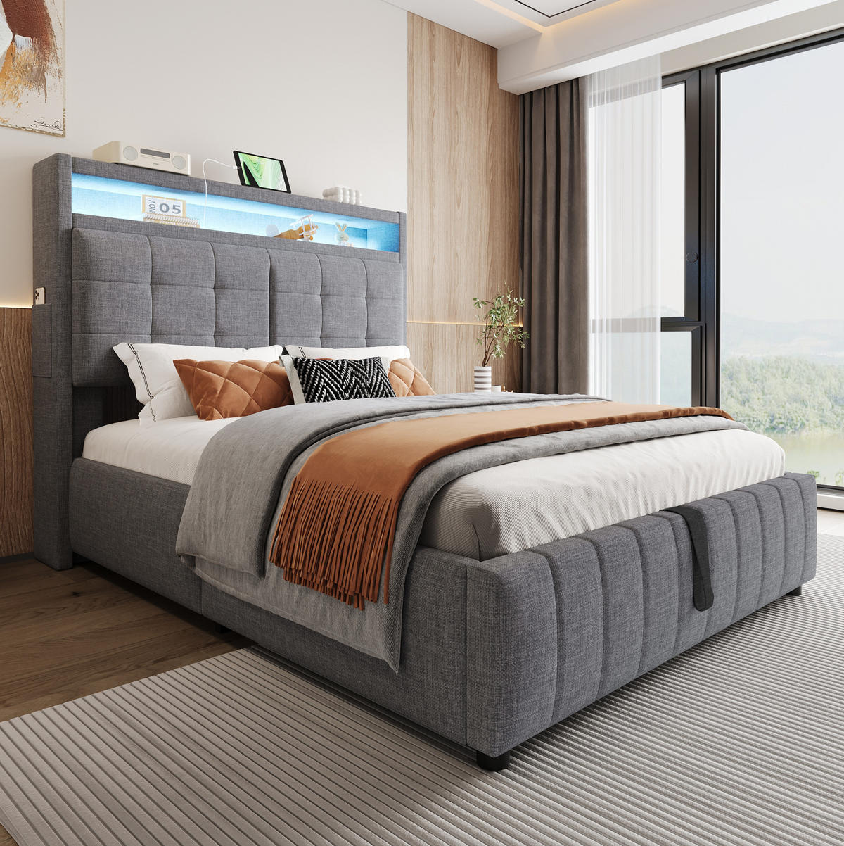 POLSTERBETT 140/200 cm Grau mit LED-Beleuchtung, USB-Anschluss und Stauraum - Grau, Textil (140/200cm) - Flora Grace