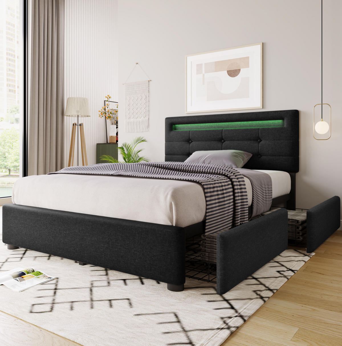 POLSTERBETT 90/200 cm mit LED-Kopfteil, 2 Schubladen & verstellbarem Kopfteil, Schwarz - Schwarz, Textil (90/200cm) - Redom