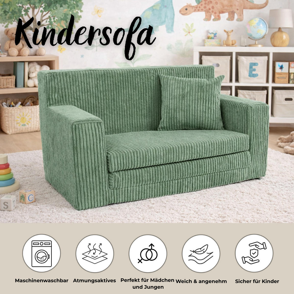 KINDERSOFA aus Kuschel-Cord in Hellgrün - Hellgrün, Textil (83/47/43cm) - Fortisline