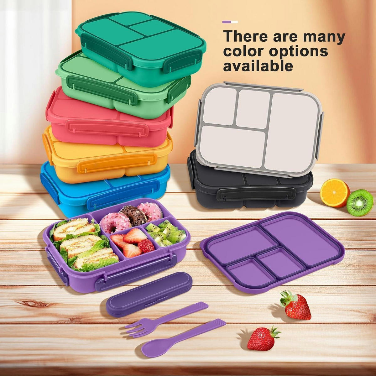 BENTO Box Kinder 1200ml 4 Fächer Lila mit Besteck - Lila, Kunststoff (16/5.8/22.5cm)