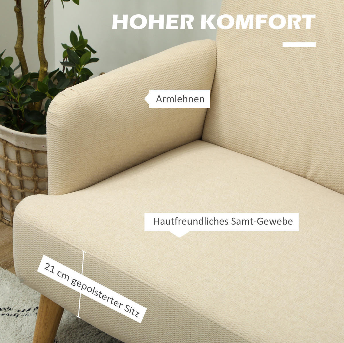 2-SITZER 130/74/79 cm Cremeweiß aus Samt mit Holzbeinen - Creme, Textil (74/79/130cm) - OKMYHOME