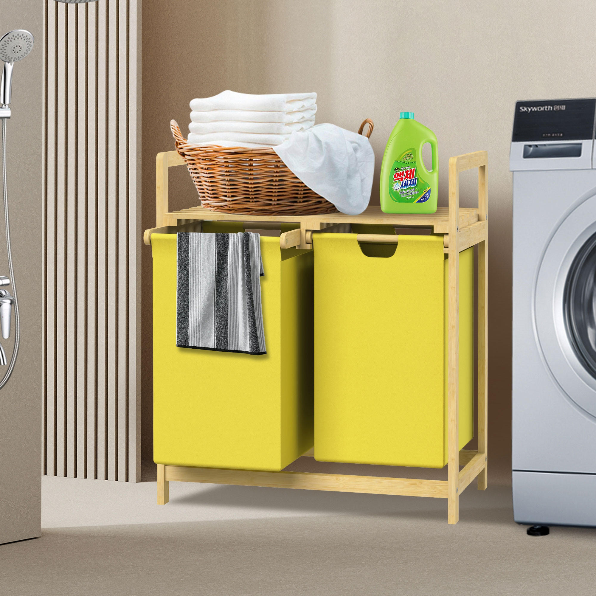 Thumbnail - Wäschekorb, Gelb, Holz, 33x73x63 cm, Ordnen & Aufbewahren, Wäschekörbe & Tonnen