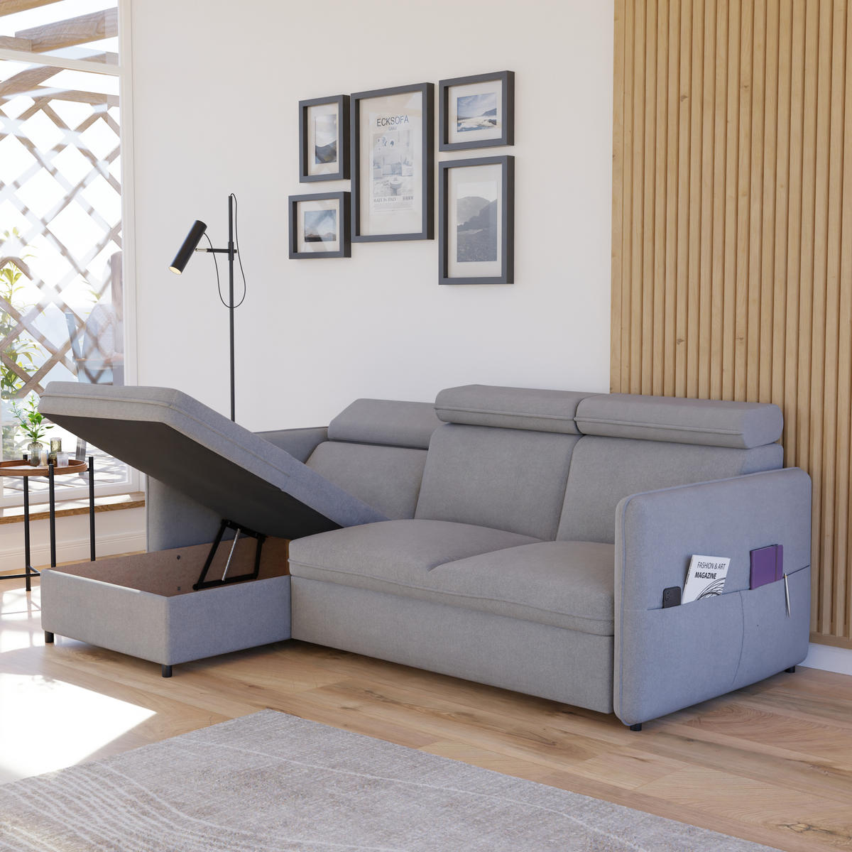 ECKSOFA mit Schlaffunktion und Bettkasten, Hellgrau - Grau, Holzwerkstoff/Textil (220/140cm) - Idohome