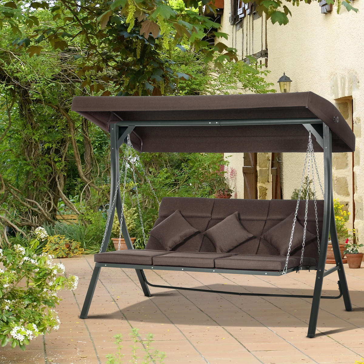 HOLLYWOODSCHAUKEL, mit Sonnendach, Metall, Texteline, Braun, 198 x 118 x 168 cm - Braun, Metall (118/168/198cm) - Outsunny