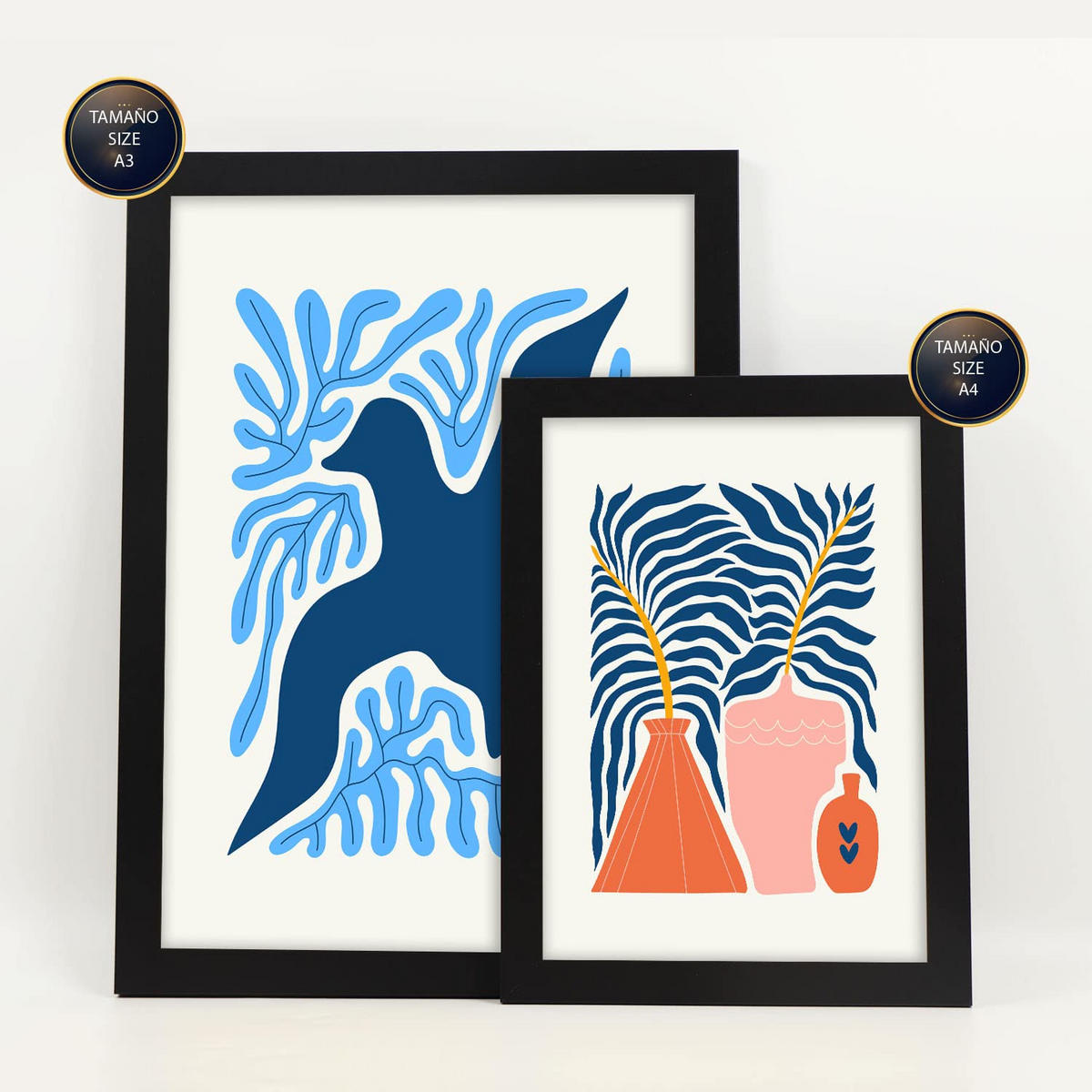POSTER Set Mit 6 Minimalistischen In Leuchtenden Farben Blaue Blätter Drucke Von Landschaften Und Natur Für Innenarchitektur A3 & A4 Schwarzer Rahmen - Schwarz, Papier (29/3cm) - Nacnic