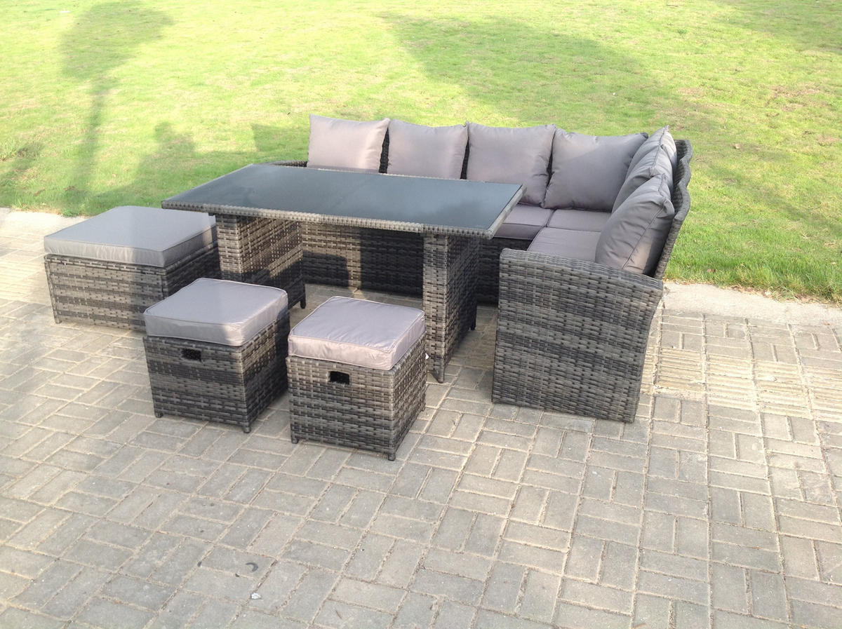 GARTENMÖBEL SET Polyrattan 9-Sitzer - Dunkelgrau/Grau, Glas/Kunststoff - Fimous