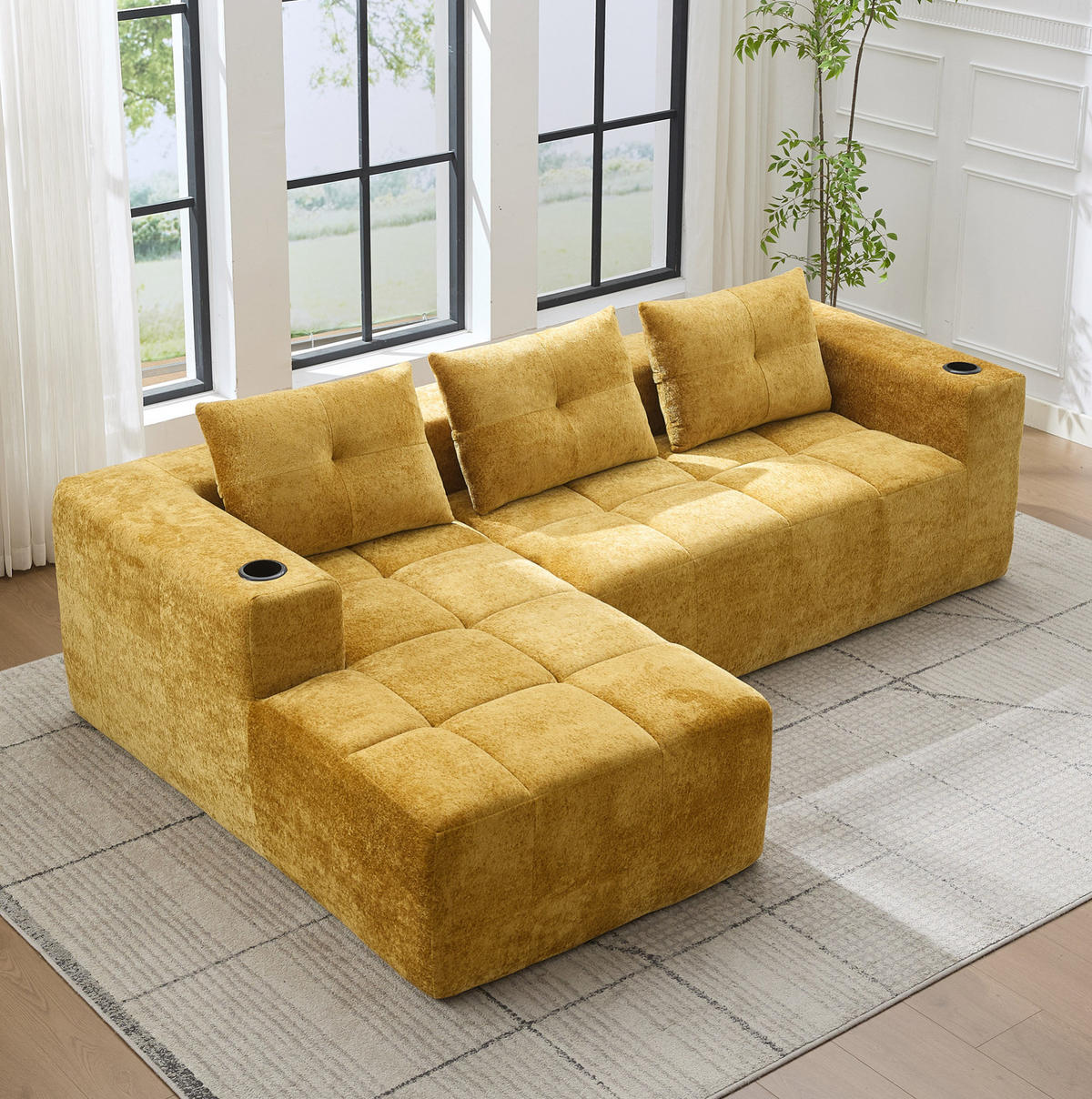 ECKSOFA 258/163/68 cm gelb aus Chenille mit Becherhaltern - Gelb, Textil (258/163cm) - OKWISH
