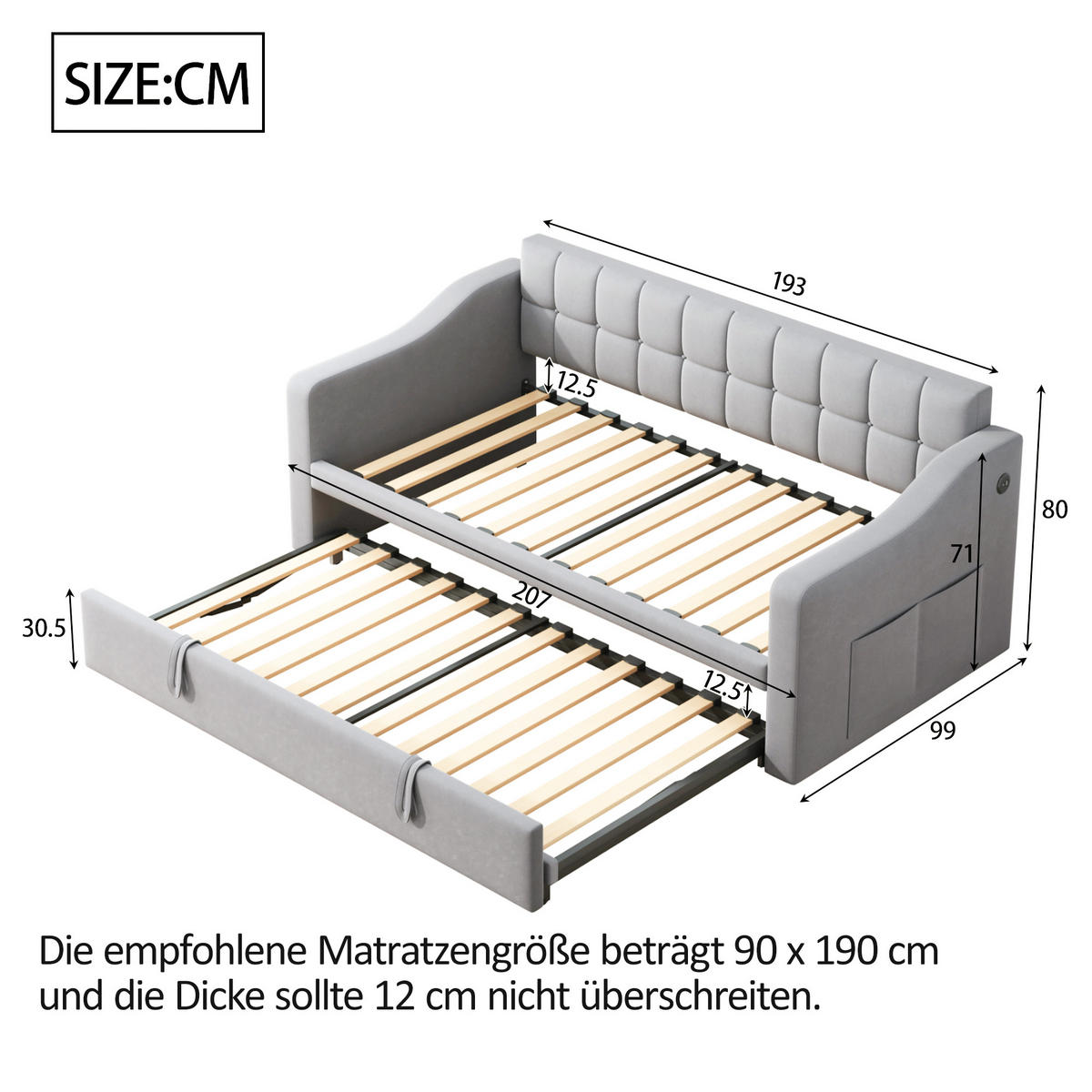 SCHLAFSOFA 90/190 cm & 180/190 cm in Hellgrau Samt mit USB und Ausziehfunktion - Hellgrau, Holzwerkstoff/Textil (90/190cm) - WISHDOR