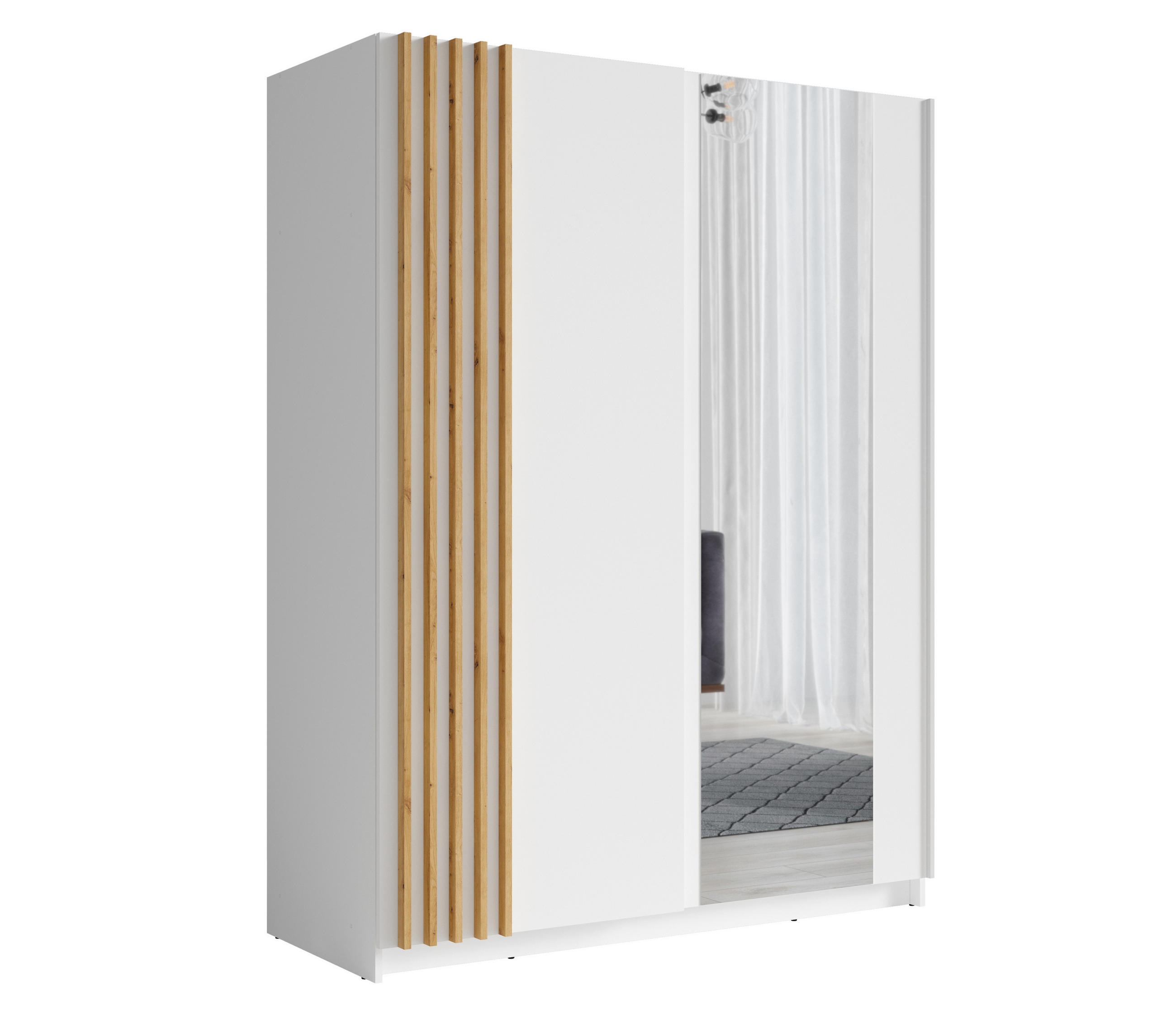 KLEIDERSCHRANK Beralto Weiß 200/198,5/63,5 cm – mit Spiegel und Lamellenfront - Weiß, Holzwerkstoff (200/198.5/63.5cm) - AX Living