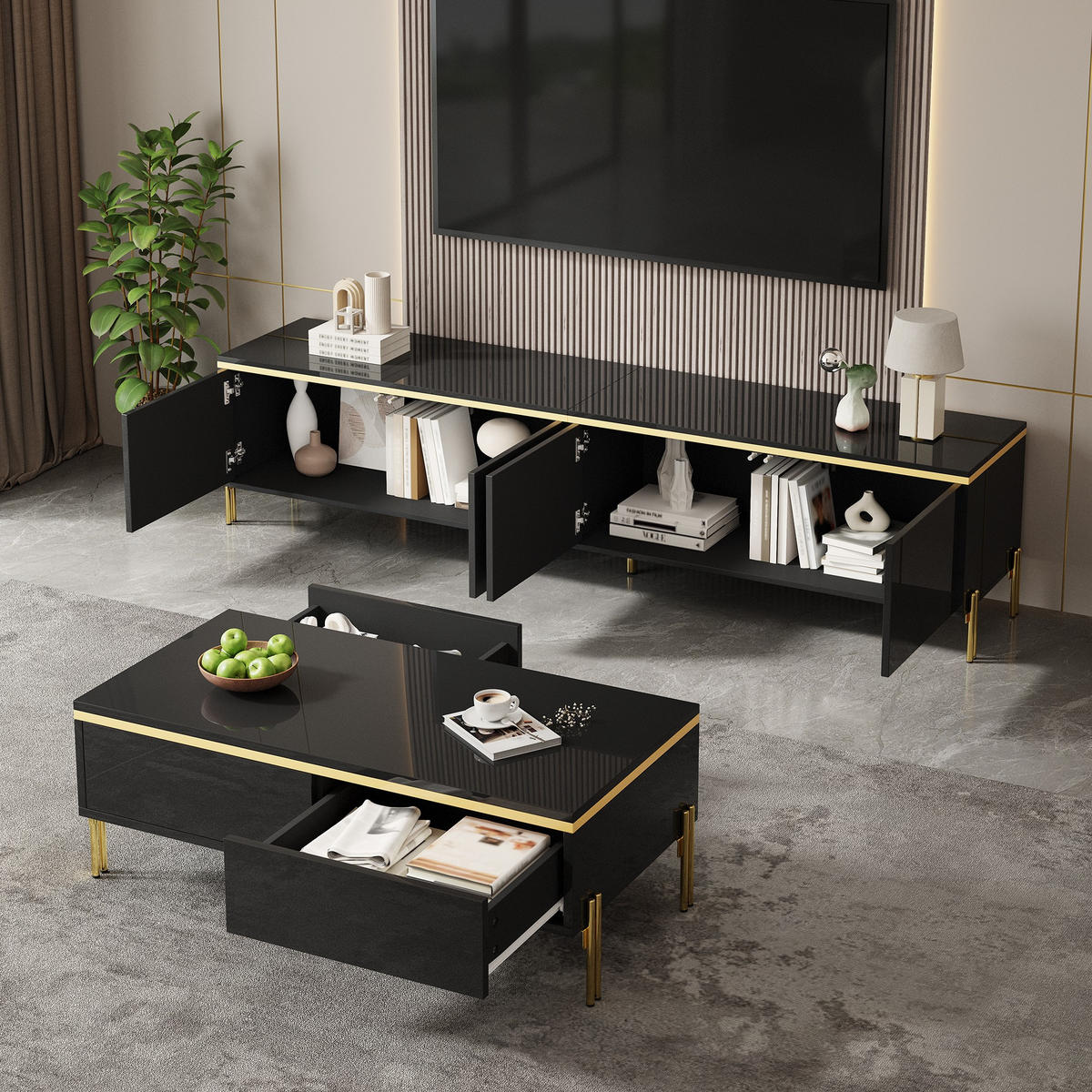 TV-SCHRANK & COUCHTISCH Set Luxus Hochglanz Gold Kanten - Schwarz, Holzwerkstoff (38/50/170cm) - FLIEKS