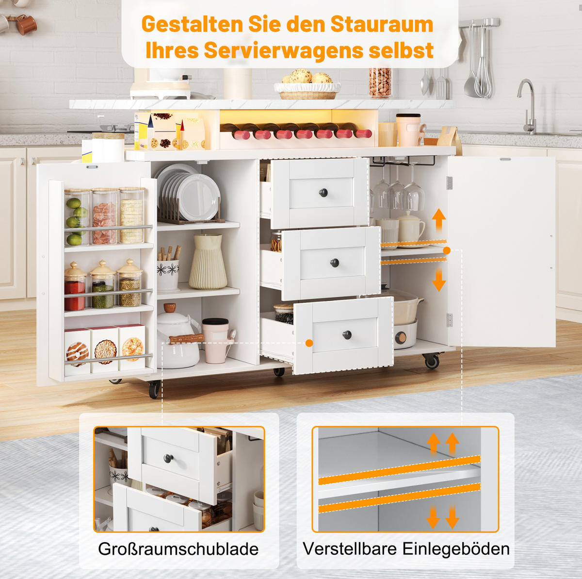 KÜCHENINSEL 138/60/93 cm weiß aus MDF mit klappbarer Platte - Weiß, Holzwerkstoff (138/93/60cm) - OKWISH