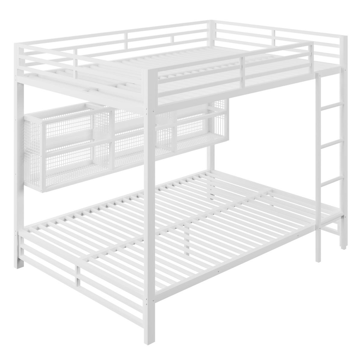 ETAGENBETT 140/200 cm weiß aus Metall mit 6 Stauraumschränken und LED - Weiß, Metall (140/200cm) - OKWISH