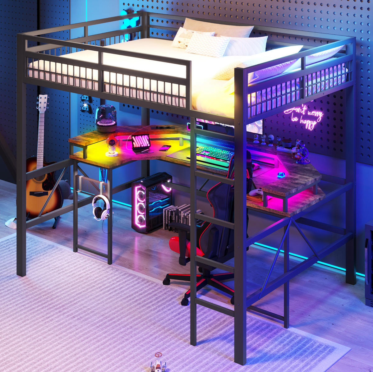 HOCHBETT 140/200 cm aus Metall/MDF mit Schreibtisch und LED-Lichtleiste Schwarz - Schwarz, Metall (140/200cm) - Modenvie