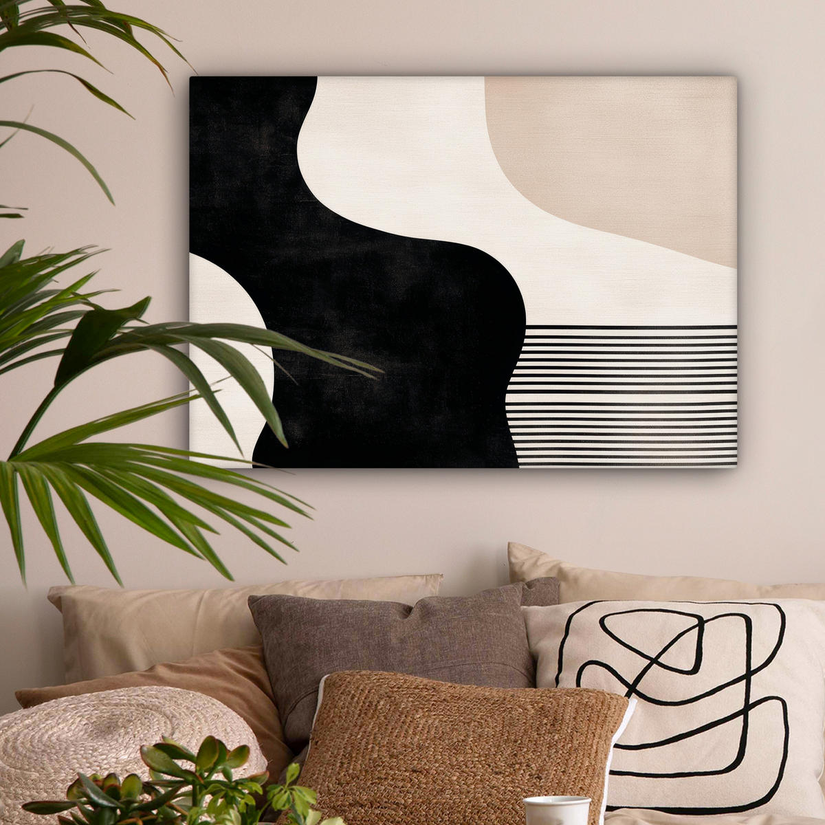 LEINWANDBILD Abstrakt - Japandi - Beige - Modern Wandbilder 80x60 cm - Schwarz, Textil (80/60cm) - MuchoWow