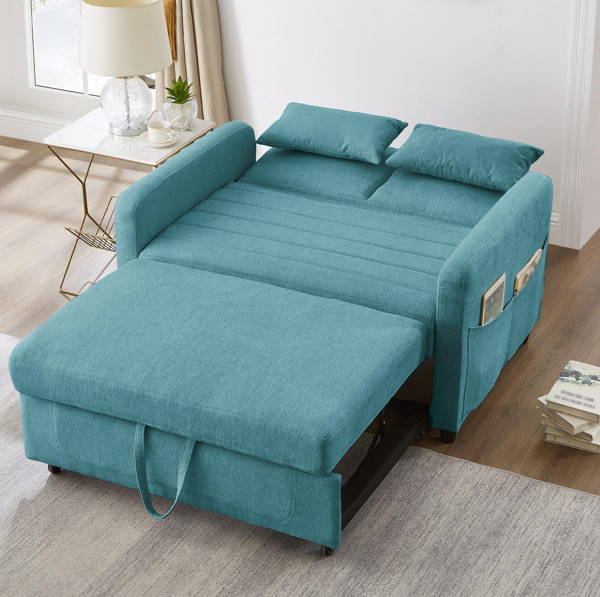 SCHLAFSOFA Baumwoll-Leinen mit Ausziehfunktion und verstellbarer Rückenlehne Antik Blaugrün 114/77/82,5 cm - Türkis, Textil (77/82.5/114cm) - Redom