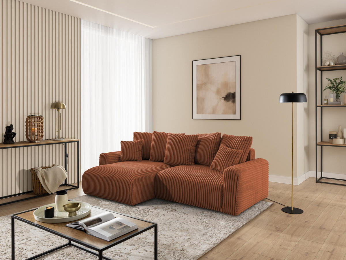 ECKSOFA Calma mit Schlaffunktion und Bettkasten im Bumpy-Design aus weichem Terrakotta Plüschcord - Ottomane links - Terracotta/Schwarz, Holz/Kunststoff (239/140cm) - S-Style