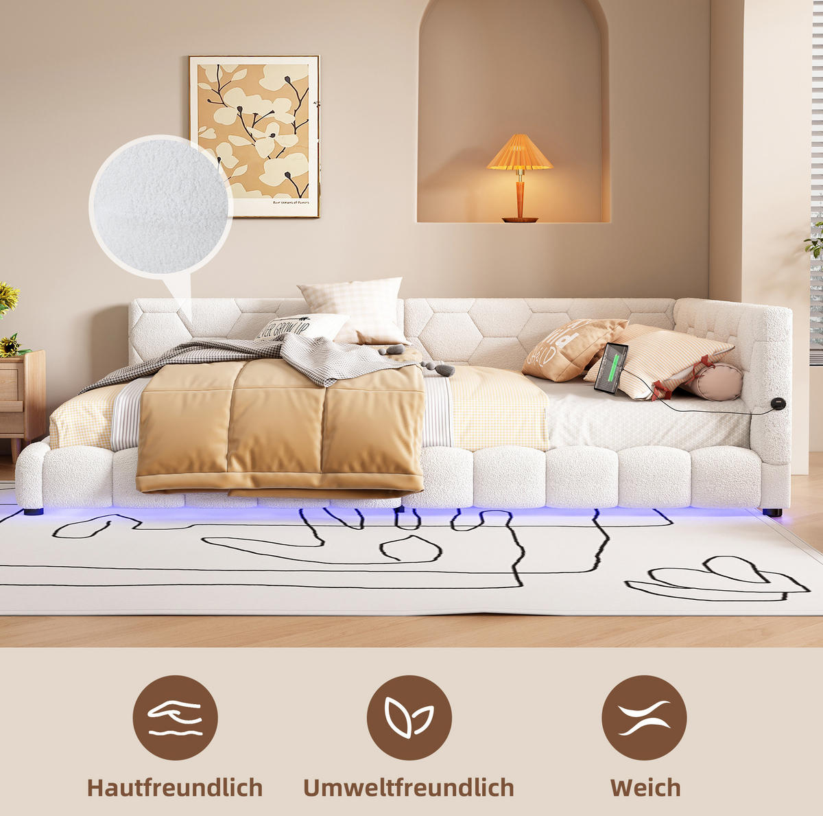 KREVET 140/200 cm s LED ambijentalnim osvjetljenjem, USB priključkom i USB-C priključkom, Bijela - bijela, tekstil (140/200cm) - Redom