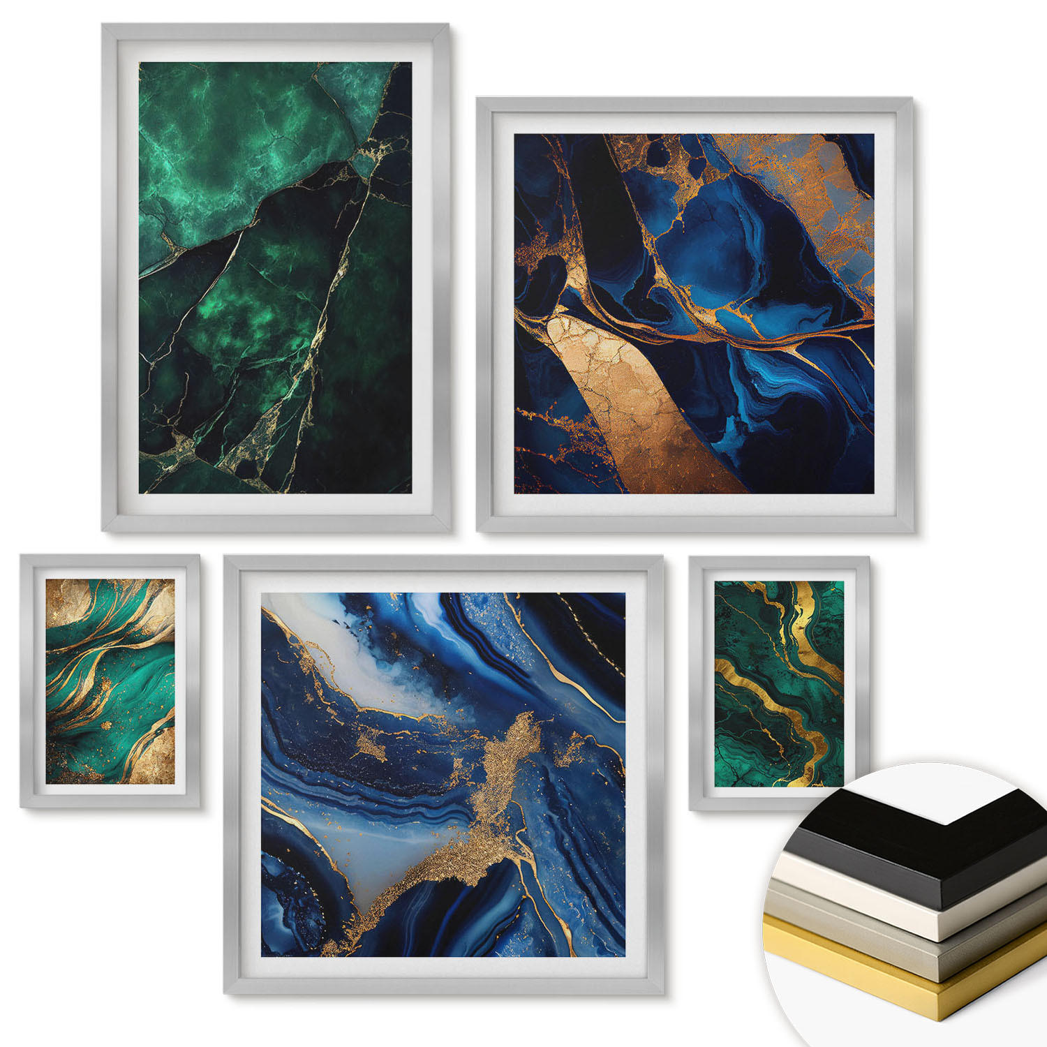 WANDBILDER 5er Set - 50x50 cm & 20x30 cm & 40x60 cm Silberner Rahmen - Blumen, heller Hintergrund, Marmormuster - Silberfarben, Kunststoff (40/60cm) - ArtPrintCave
