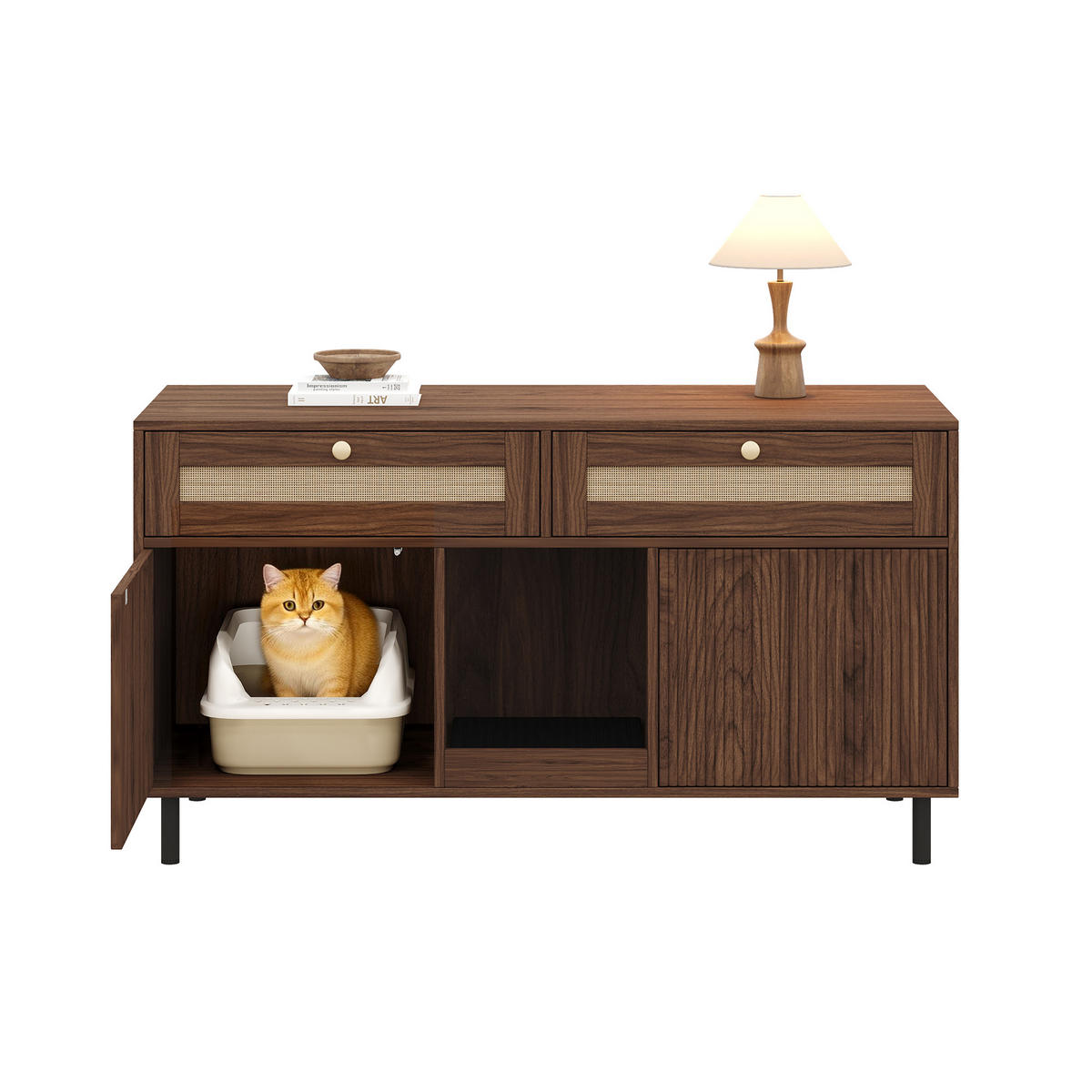 SIDEBOARD Nussbaumfarben 120×50×65 cm, multifunktionaler Katzentoilettenschrank mit Rattan-Details - Nussbaumfarben, Holzwerkstoff (120/65/50cm) - Luhomfu
