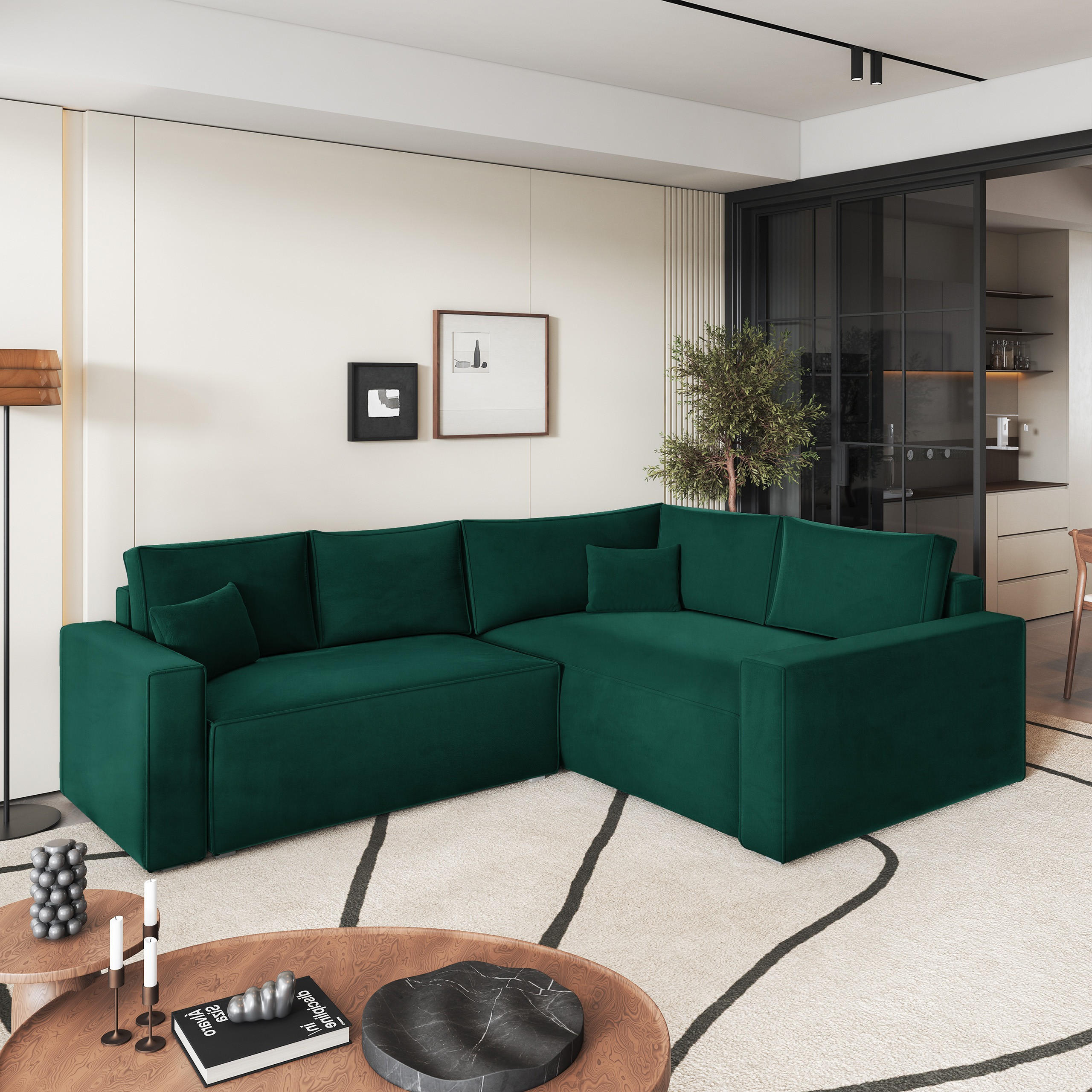 ECKSOFA ERONIS R-S Grün Velours-Stoff mit Schlaffunktion - Grün, Holz (265/194cm) - MASSENO