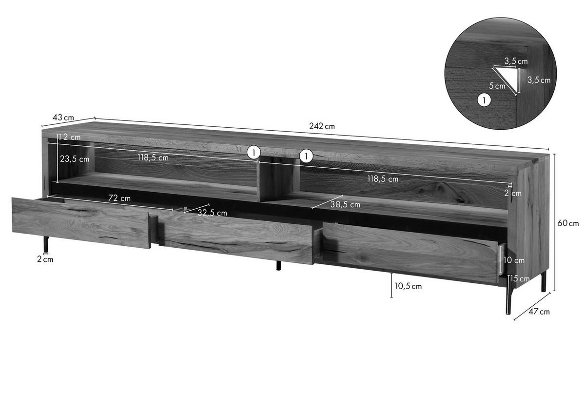 TV-BOARD Wild-/Zerreiche 242x47x60 natur geölt MONTREUX LUX #112 - Naturfarben, Holz (242/60/47cm) - Massivmoebel24
