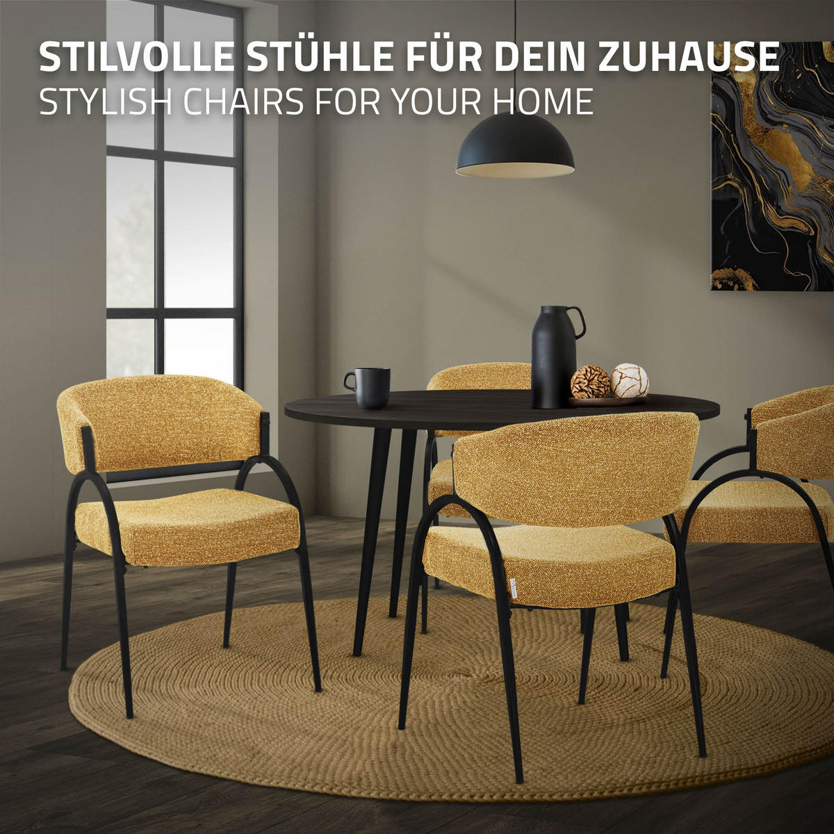 ESSZIMMERSTUHL 2er Set Küchenstühle gepolstert mit Webstoff-Bezug und Arm- und Rückenlehne Senf - Gelb/Schwarz, Textil/Metall (54/81/65cm) - ML-DESIGN