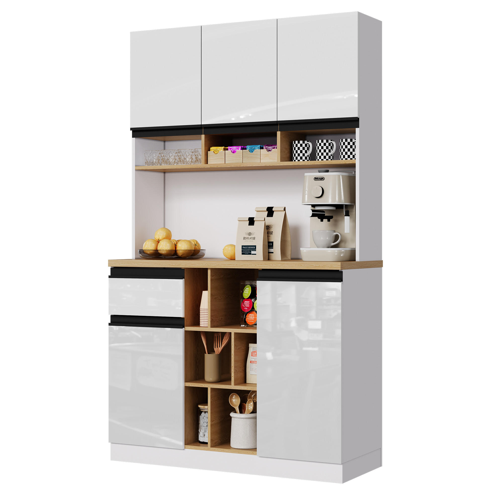 BUFFET Küchenbuffet in weiß Hochglanz mit Holzarbeitsfläche und 3 Zonen Stauraum mit Kippschutz - Weiß, Holzwerkstoff (105/185/45cm) - EVRYAE