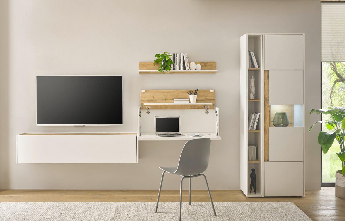 WOHNWAND weiß, Eiche Wotan 5-teilig 340 cm, Komplettset mit Sekretär - Eiche Wotan/Schwarz, Glas/Holz (340/200/40cm) - Furn.Design