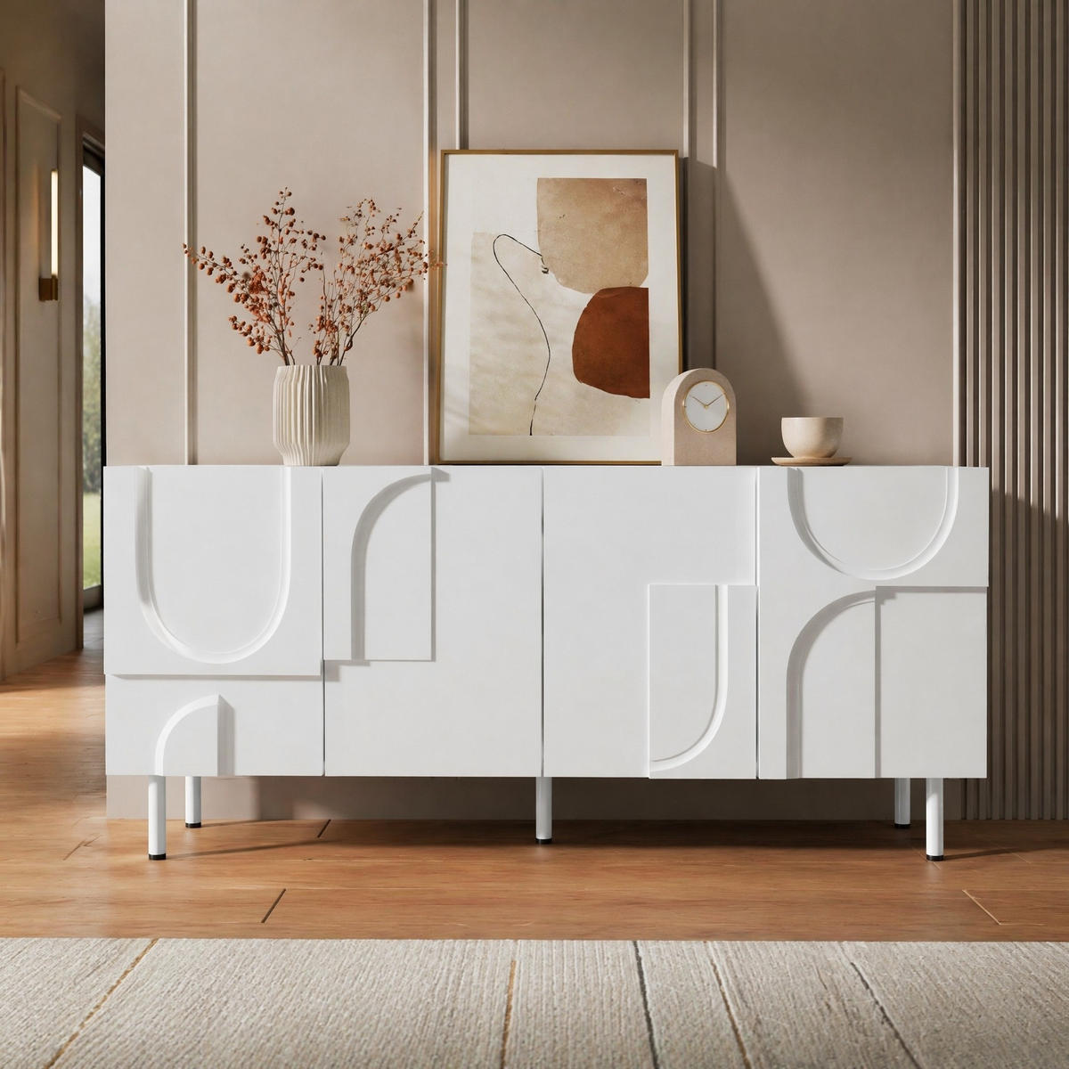 SIDEBOARD in Weiß mit geometrischen Kurven, mehrfachen Stauraumlösungen , B160/T38.5/H70 cm - Weiß, Holzwerkstoff/Metall (160/70/38.7cm) - STILVORA