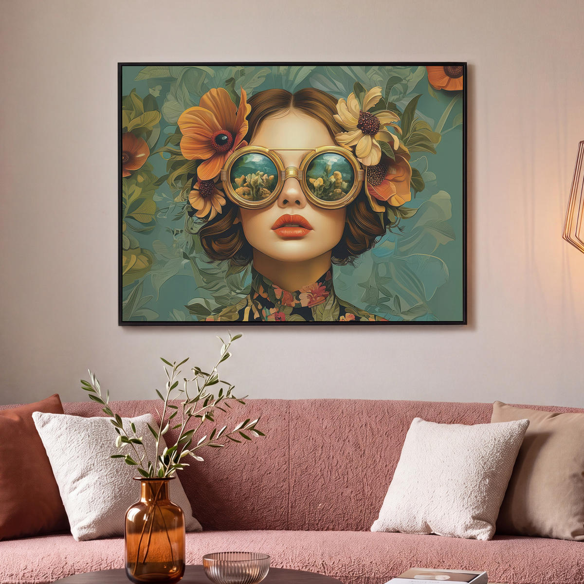LEINWAND Bilder mit Rahmen - Frau - Blumen - Schmetterlinge - Natur - Vintage - 100x70 - Salbeigrün, Textil (100/70cm) - MuchoWow
