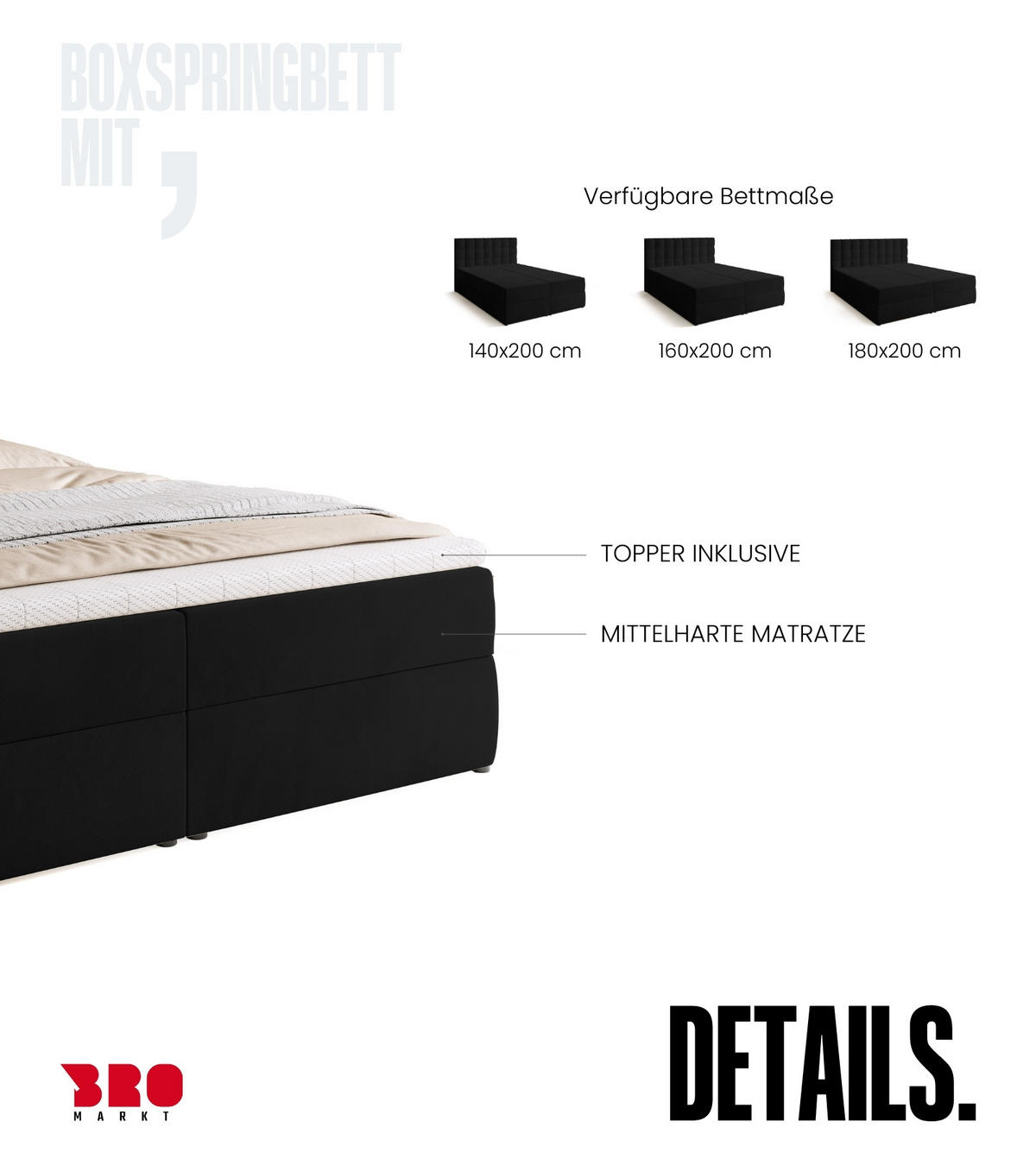BOXBETT Detroit mit Topper 180/200 Schwarz - Schwarz, Holzwerkstoff/Textil (180/200cm) - Bromarkt
