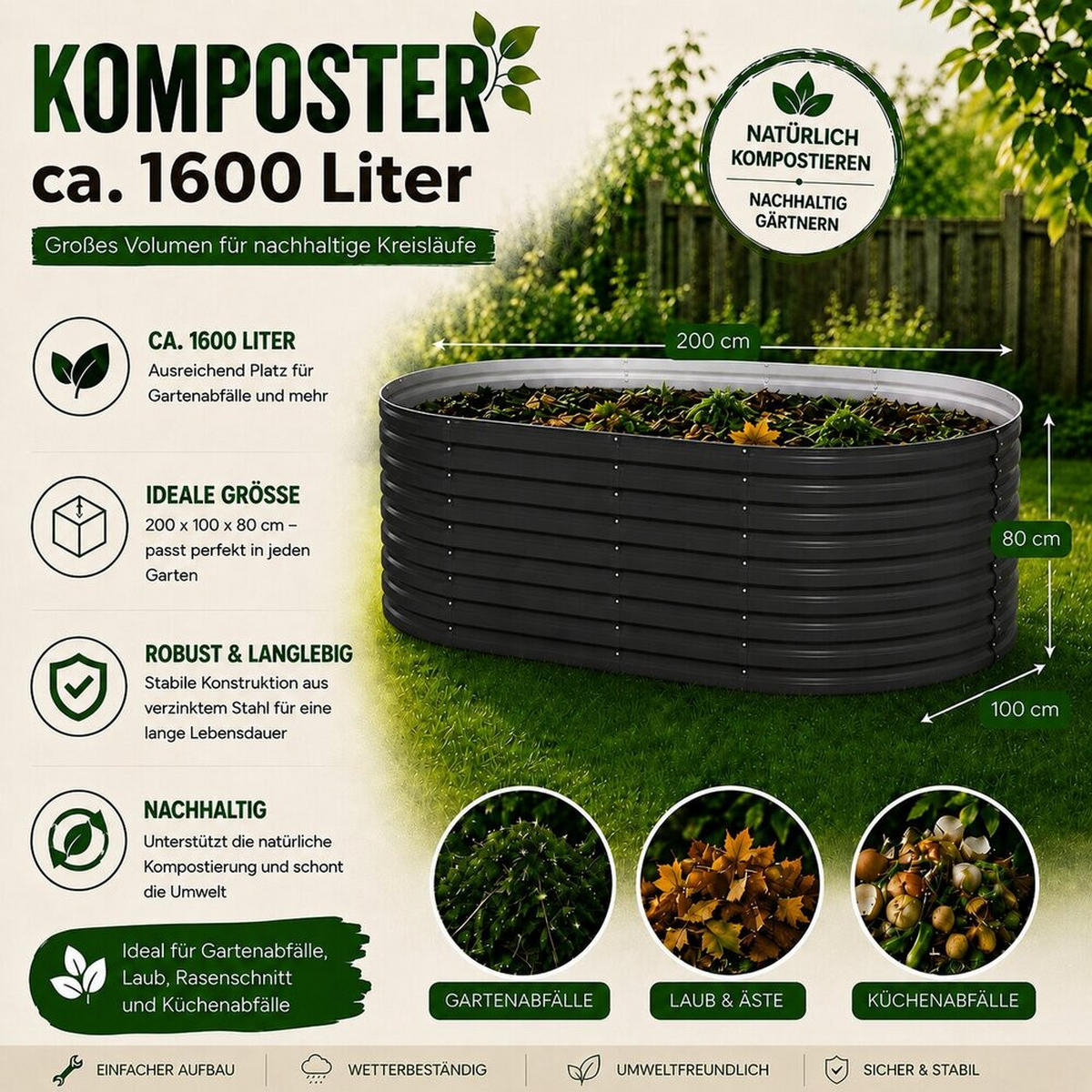 KOMPOSTER Garten, Anthrazit, 200 x 100 cm - Anthrazit, Metall (200/80/100cm) - Vicco