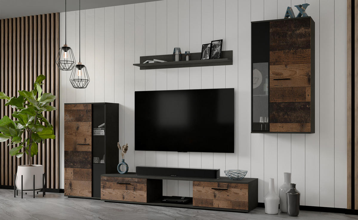 WOHNWAND Formilo Matera, Oldstyle 294/180/40 cm Hochwertige TV Wohnwand - Braun/Grau, Holzwerkstoff/Kunststoff (294/180/40cm) - AX Living