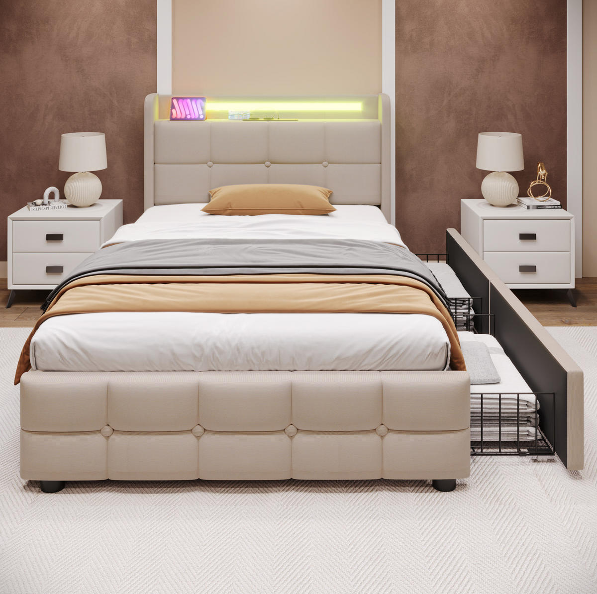 POLSTERBETT 90/200 cm Beige aus Holz mit LED, USB und 2 Schubladen - Beige, Holzwerkstoff (90/200cm) - OKWISH