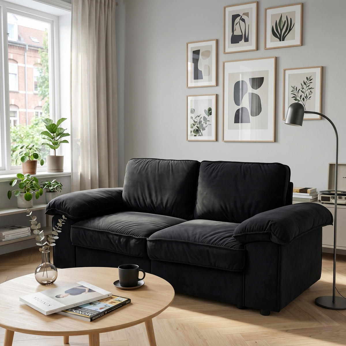 2-SITZER SOFA Samt Schwarz mit Stauraum - Schwarz, Holzwerkstoff/Kunststoff (201/89/91cm) - WISHDOR