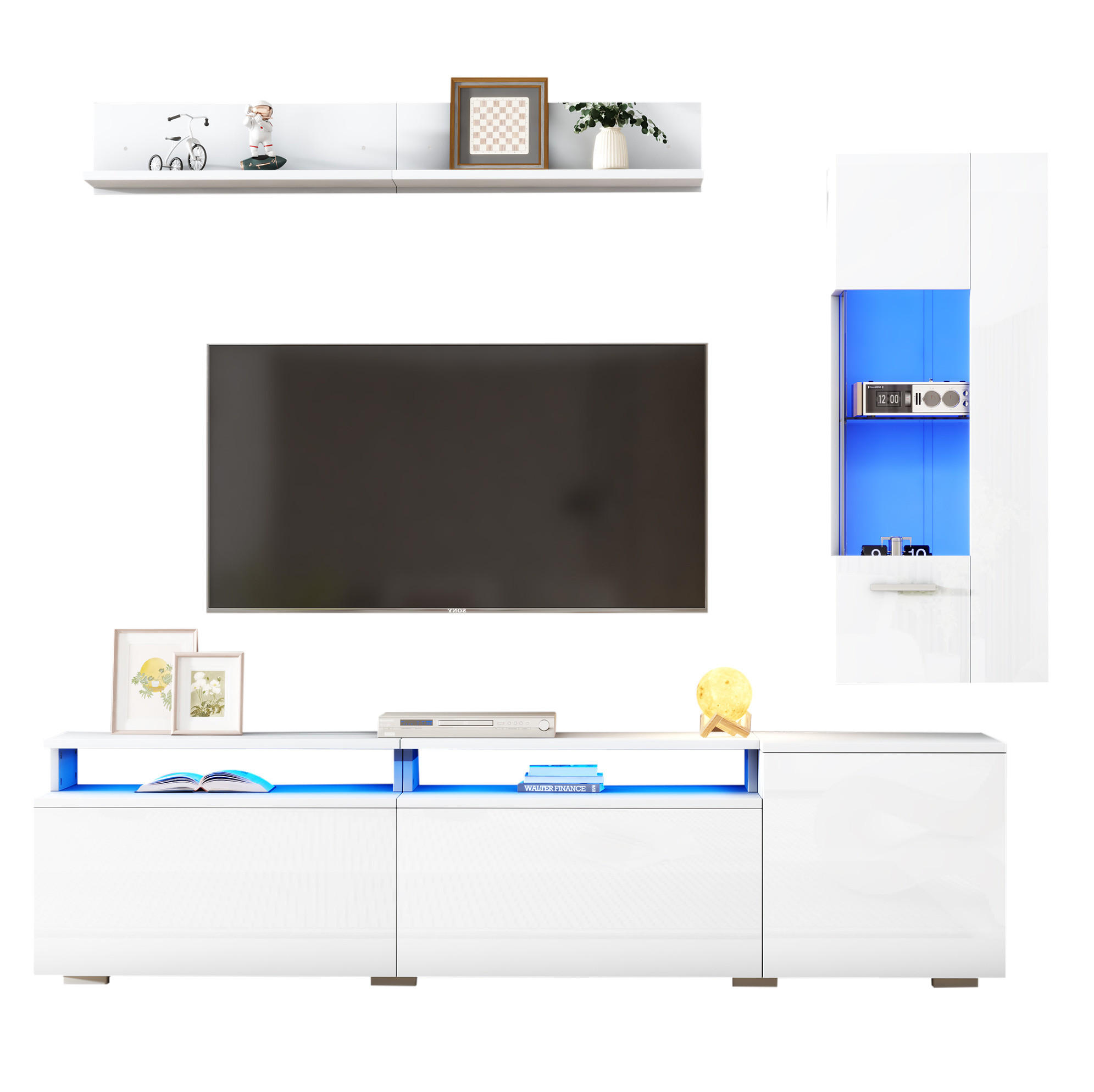 TV-WOHNWAND 3-tlg. mit LED 180 cm Hochglanz Weiß - Weiß, Glas (40/45/180cm) - Beauniv
