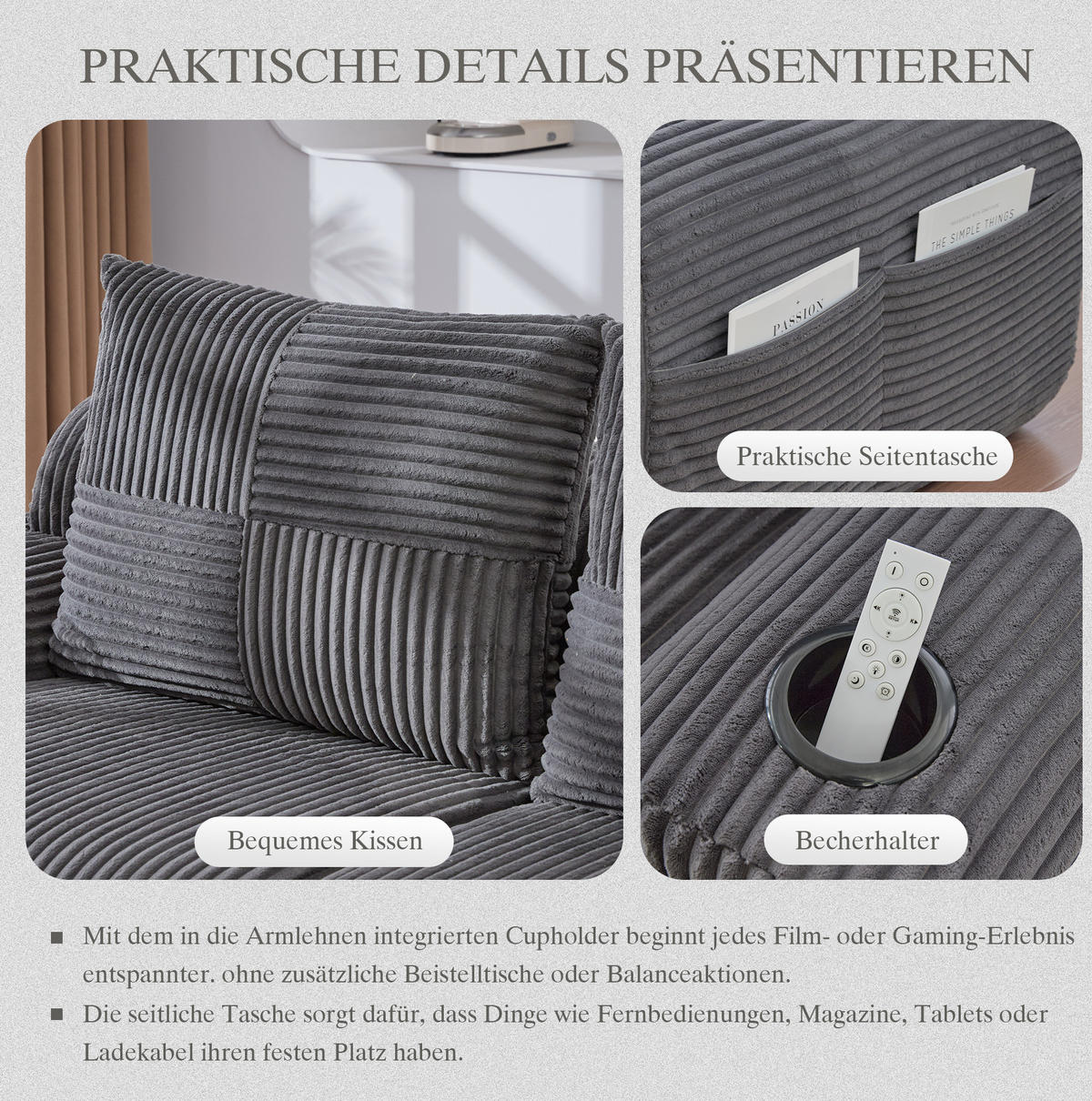 3-SITZER Wohnlandschaft Cord mit Getränkehalter und Seitentasche 268/174/80 cm Dunkelgrau - Dunkelgrau, Textil (174/80/268cm) - Redom