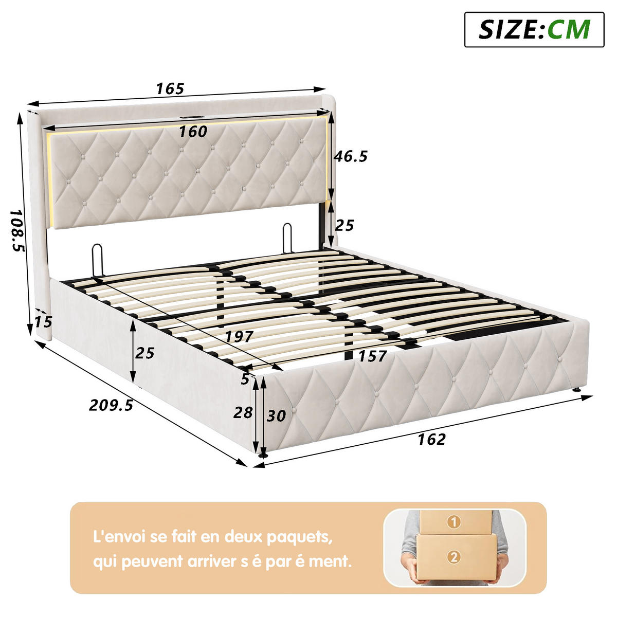 POLSTERBETT 160x200 cm mit LED & USB, Holzbett, Stauraumbett, Samt, Beige - Beige, Textil/Metall (160/200cm)