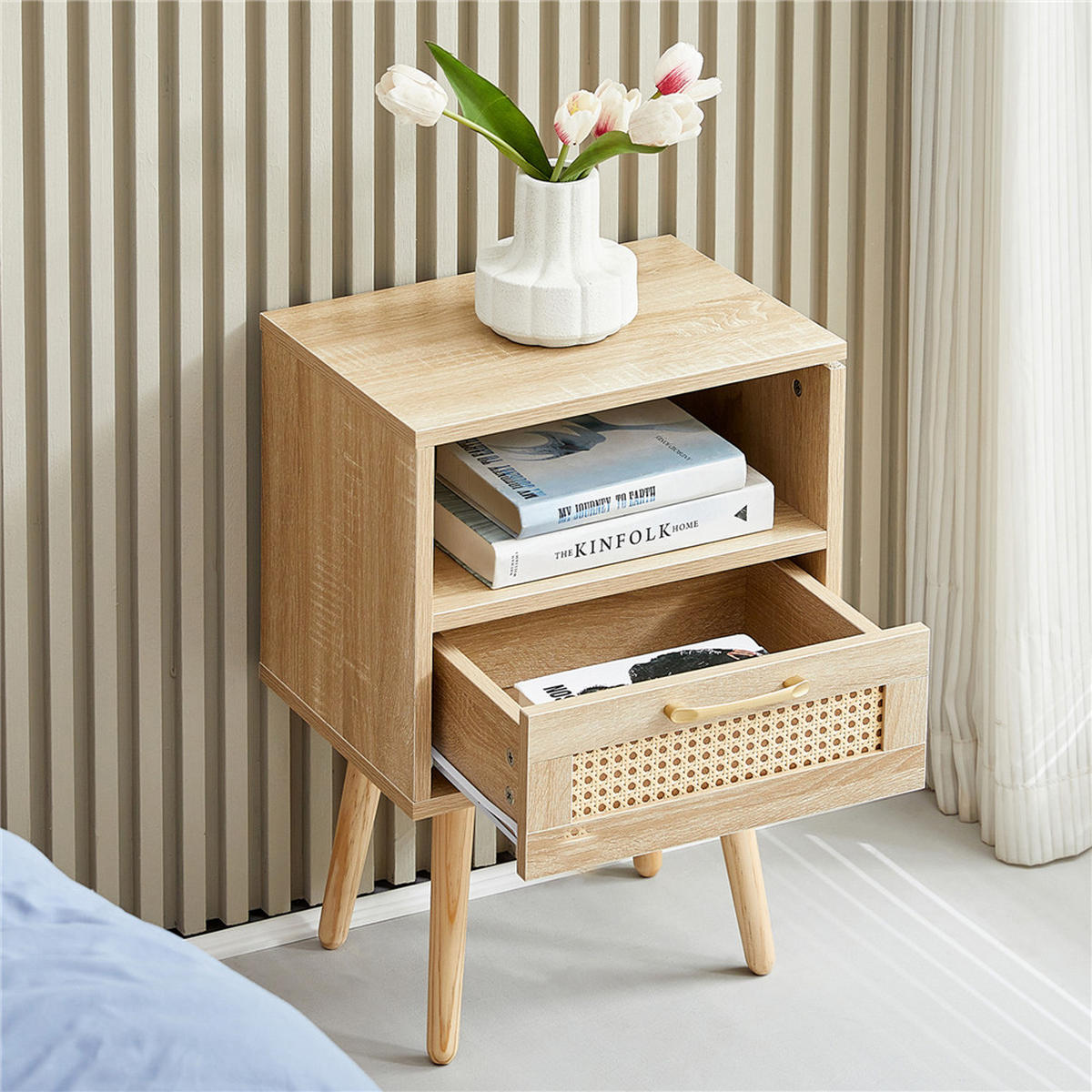 NACHTTISCH Rattan 40/55/30 cm mit Schublade Massivholzbeine Naturfarbe - Naturfarben, Holz (40/56/30cm) - Kaket