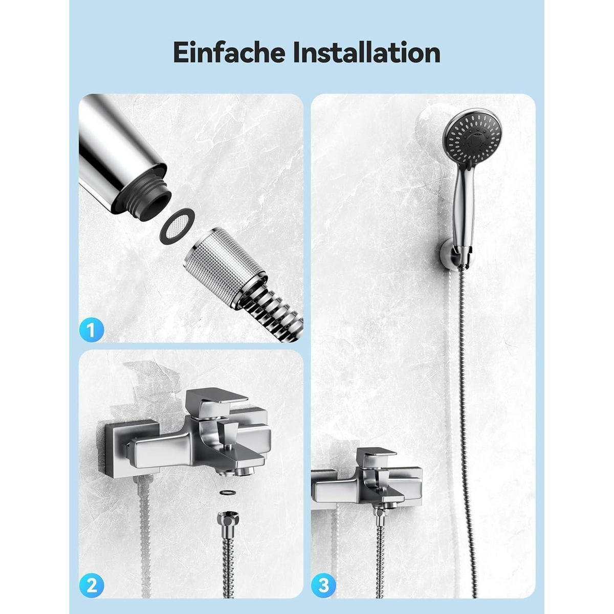 HANDBRAUSE Set mit 1,8m Schlauch und 5 Strahlarten - Silberfarben, Metall (11/12.7/25cm)
