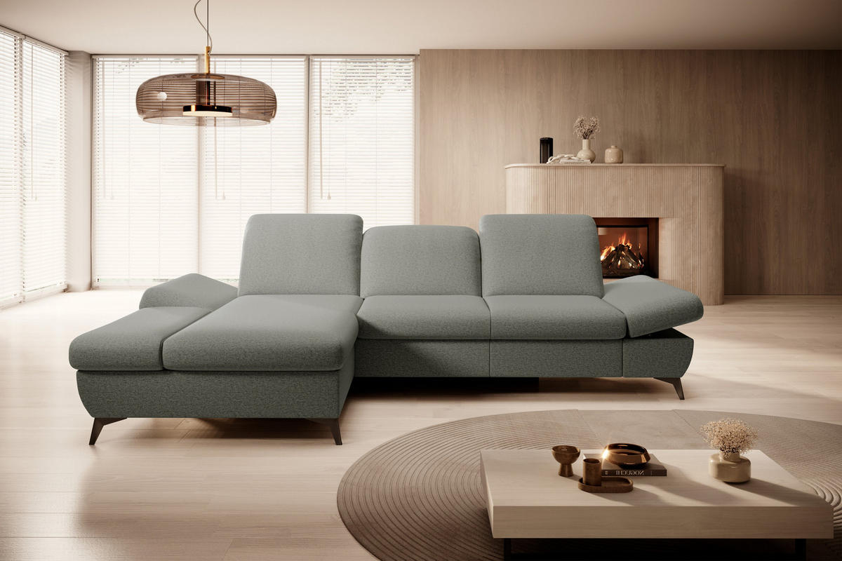 ECKSOFA FELICE L-S Grau Geflochtener Stoff mit Schlaffunktion - Grau, Holz (284/166cm) - MASSENO