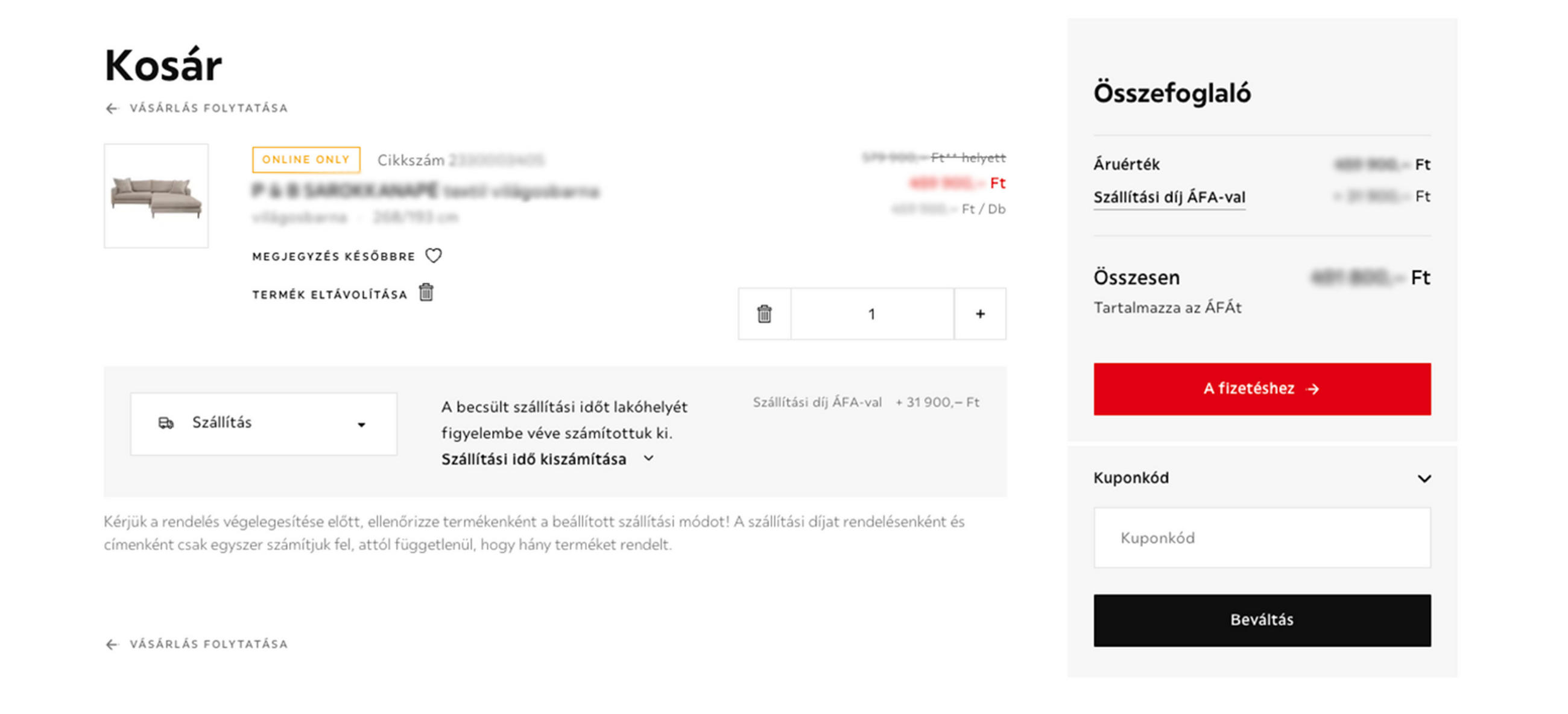 Kuponkód beváltása kosár oldalon