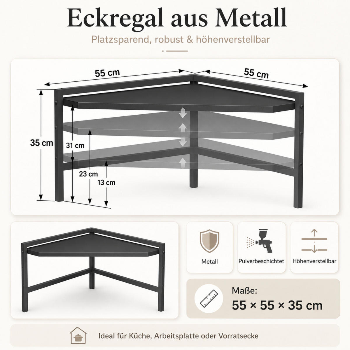 ECKREGAL Küche Küchenregal Arbeitsplatte 55x55 cm Mikrowellenregal Schwarz 2 Stufig - Schwarz, Metall (50/35/50cm) - DanDiBo