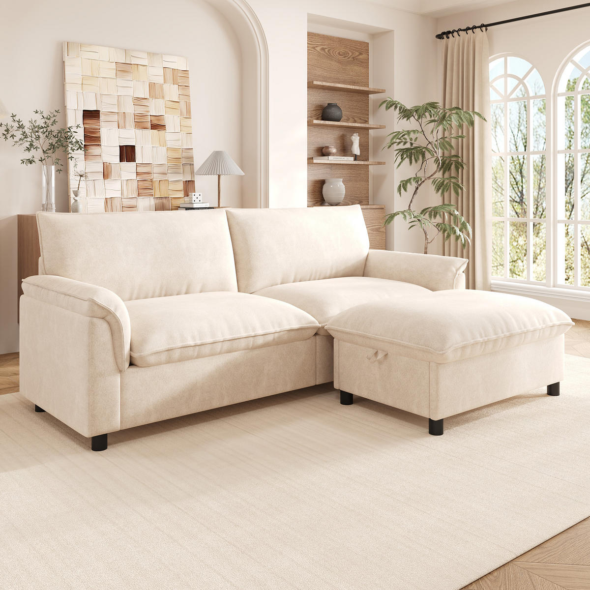 SOFA Beige U-Form Cloud Modular Deep Seat 216cm Hocker - Beige, Textil (77/82/216cm) - FLIEKS