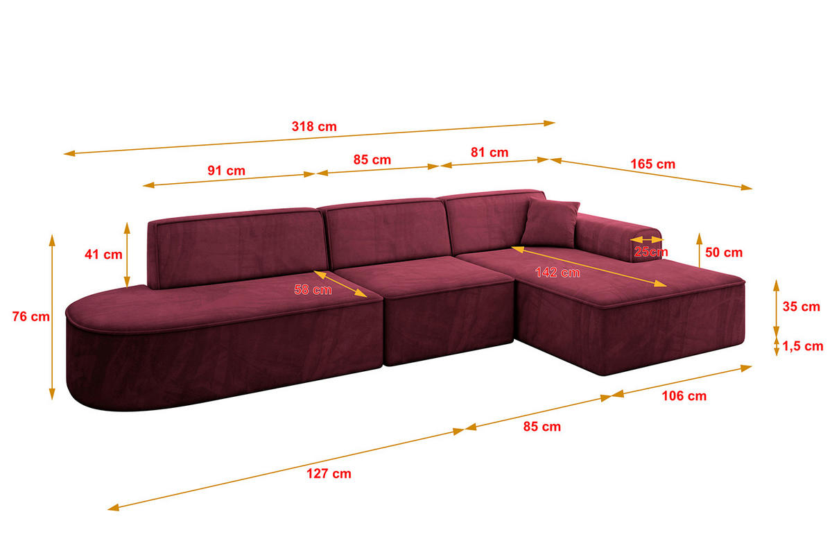 ECKSOFA Ottomane Rechts IREA-L2-v3 - 318x165x76 cm Bordeauxrot - Bordeaux, Holzwerkstoff/Textil (318/165cm) - ALTDECOR