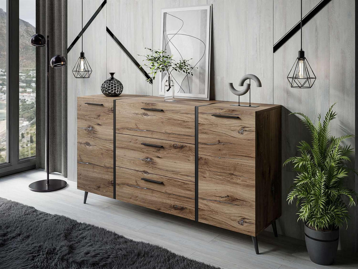 SIDEBOARD mit Schubladen ONYX LOFT auf Beinen - Eichefarben/Schwarz, Holzwerkstoff (158/88/41.3cm) - Lookway