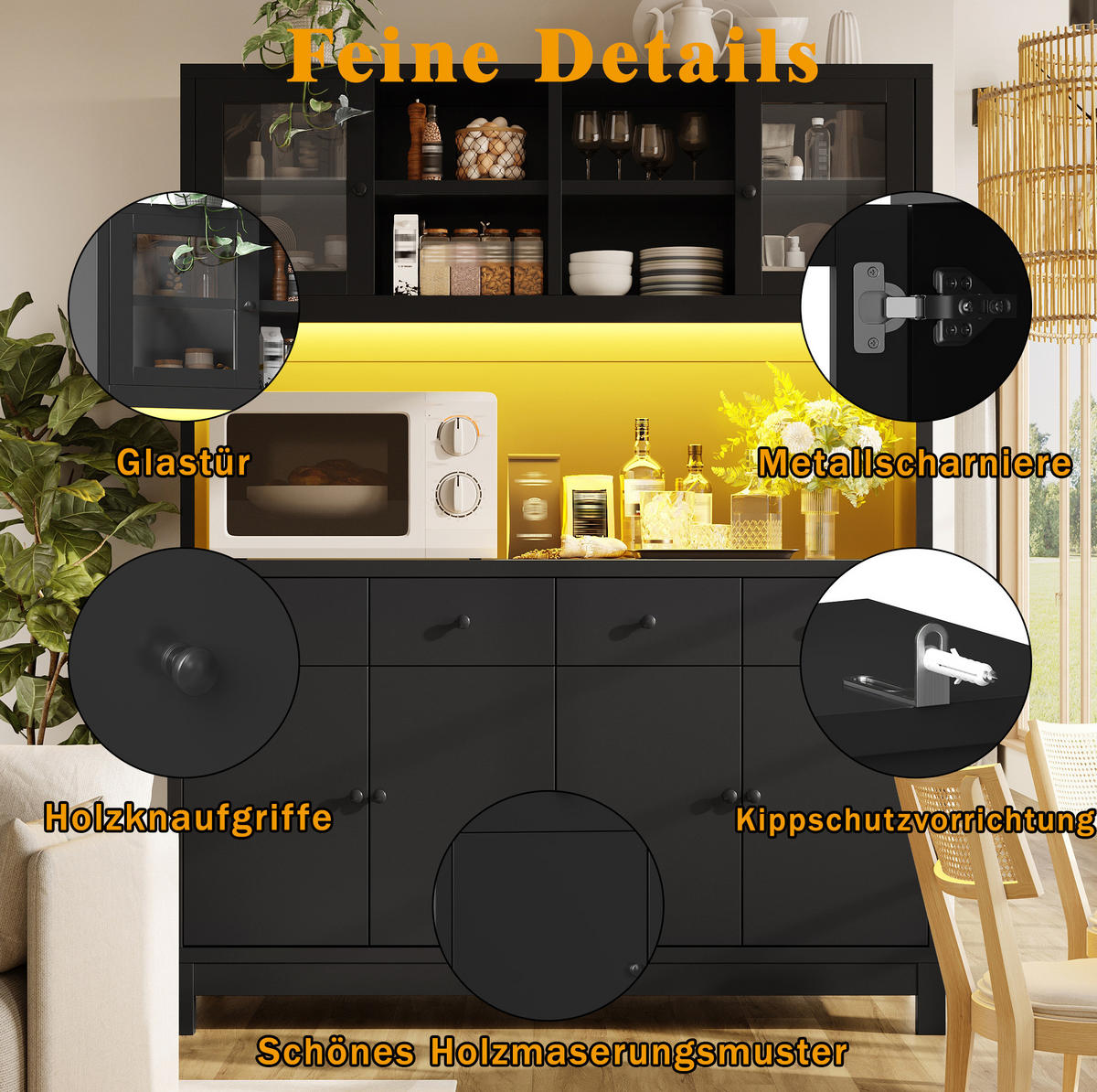 BUFFETSCHRANK aus MDF 140x38,5x180 cm Schwarz mit RGB-LED, Glastüren und 4 Schubladen - Schwarz, Holzwerkstoff (140/180/38.5cm) - IVMEU