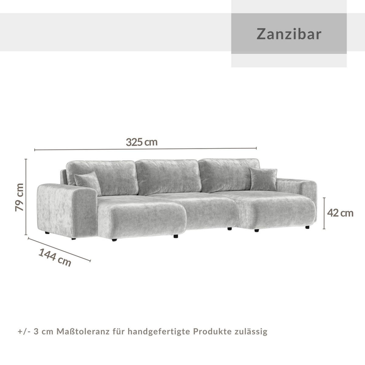 PANORAMASOFA Zanzibar Hellgrau Chenille - Hellgrau/Schwarz, Holz/Holzwerkstoff (325/79/144cm) - Maison de Reve