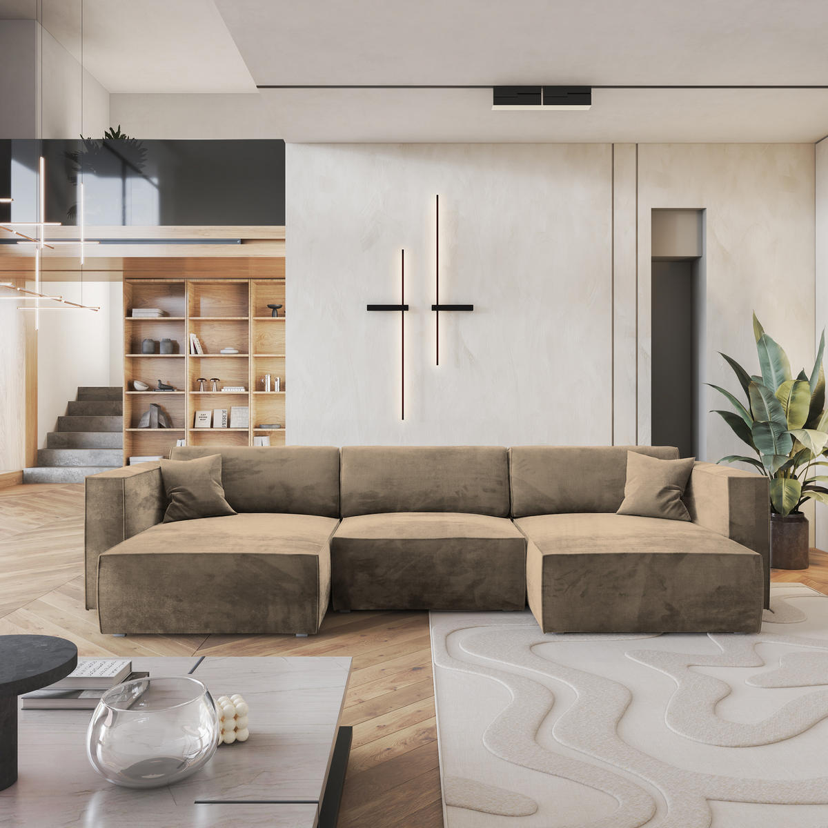 ROHOVÁ SEDAČKA SARMO béžová - šedá/béžová, dřevo/textil (347/148cm) - MASSENO